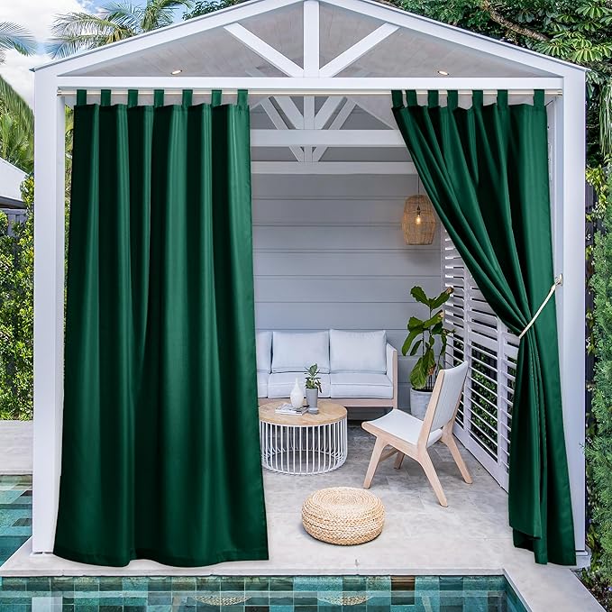 NICETOWN 2 Panels Outdoor Waterproof Curtains with Tab Top, Thermal Insulated Inside Outside Vertical Drapes Privacy Protected for Valley/Yard/Cabana (W55 x L108, Dark Green) NICETOWN