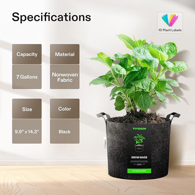 VIVOSUN 5-Pack 7 Gallon Plant Grow Bags, Heavy Duty Thickened Nonwoven Fabric Pots with Handles VIVOSUN
