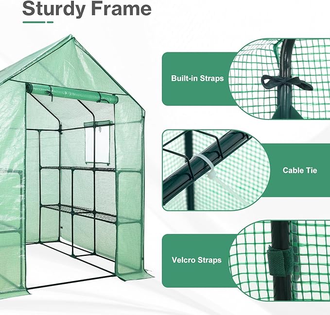 Aoodor Walk-in Greenhouse with 8 Shelves, 4.7 × 4.7 × 6.4 ft Outdoor Garden Plant House with PE Cover for Growing Vegetables, Flowers, Herbs Aoodor