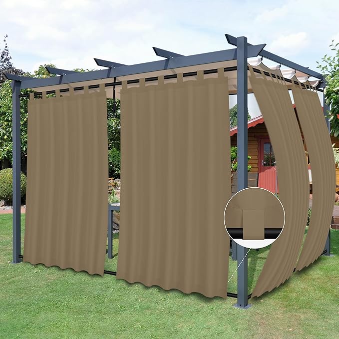 Easy-Going Outdoor Patio Curtains Detachable Tab Top Windproof Weatherproof Curtain for Cabana, Porch, Pergola and Gazebo, Tab Bottom Drape, 2 Panels, 54W x 120L inch, Khaki Easy-Going