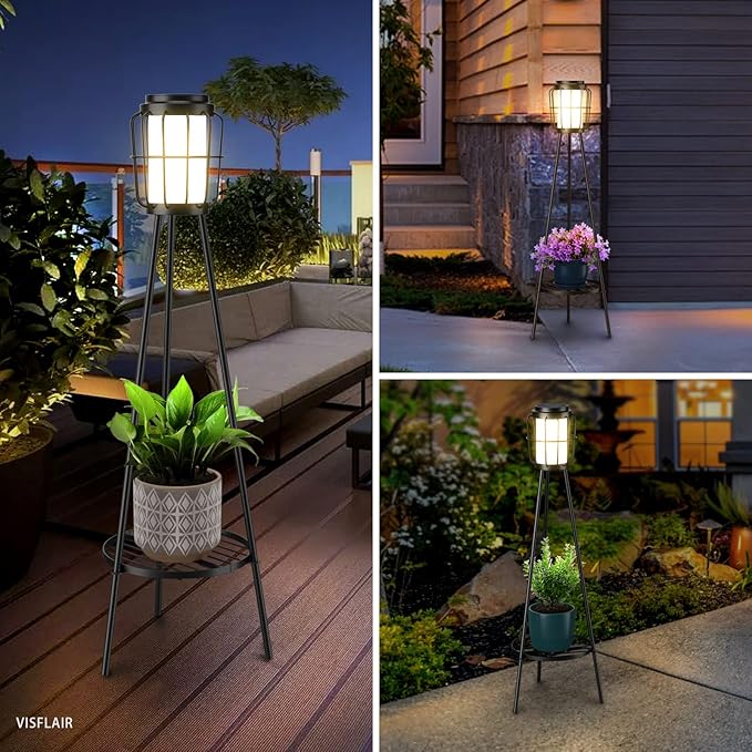 2 Pack Solar Lights with Plant Stand, Outdoor Floor Lamps, Waterproof Solar Powered Floor Lamps for Patio Deck Porch Yard Garden Decor VISFLAIR