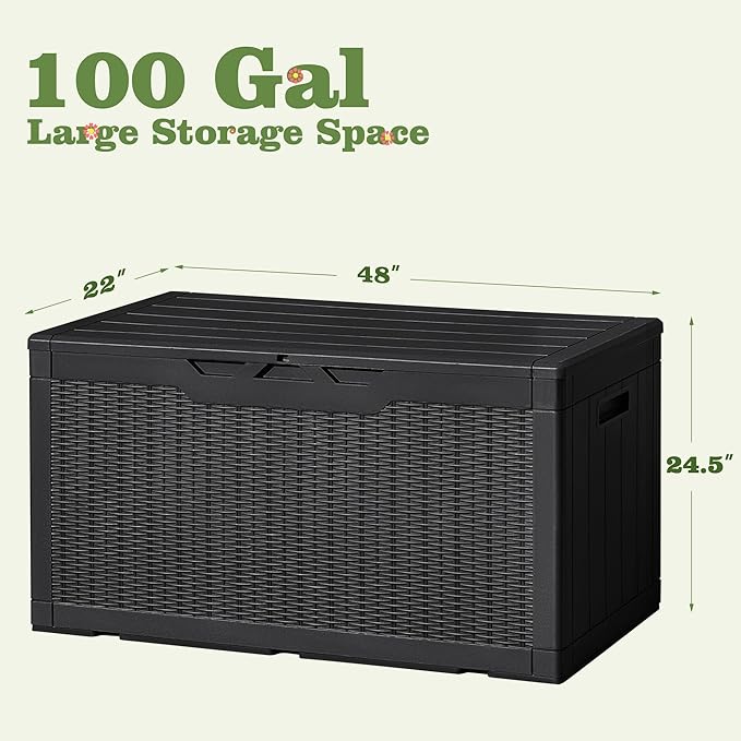 Flamaker Outdoor Storage Box 100 Gallon Waterproof Resin Deck Box Delivery Box with Air Rod Indoor Outdoor Lockable Storage Bench for Patio Cushions, Tools, Pool Accessories (Black) Flamaker