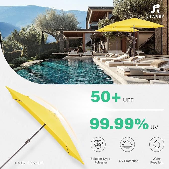 JEAREY 6.5x10 ft Rectangular Patio Umbrellas Outdoor Market Umbrella with Push Button Tilt and Crank, Rectangle Table Umbrella 6 Sturdy Ribs UV Protection for Pool Garden Backyard Deck, Yellow JEAREYOutdoorsCollection