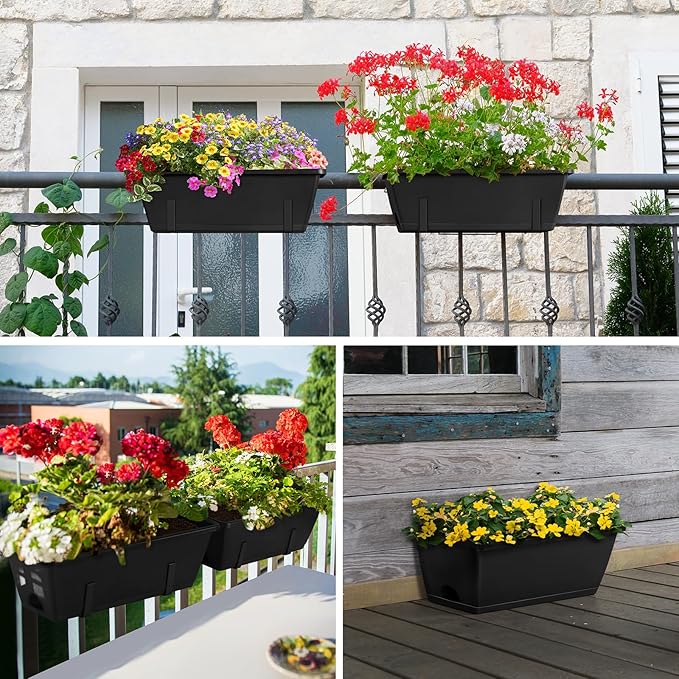 ETELI Railing Planter Hanging and Planter Box Brackets Set 6 Pack Adjustable Deck Window Boxes Planters with Drainage Holes for Garden Railing Fence, Black ETELI