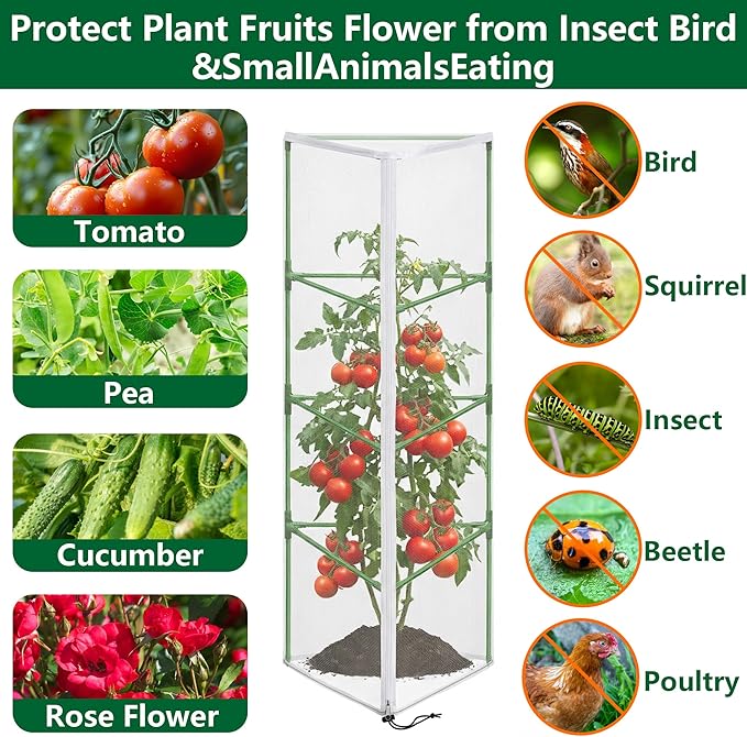 4 Pcs Garden Bird Netting for Triangle Plant Cage, 59" x 20" x 20" Tomato Cage Garden Net Cover with Zipper, Tomato Trellis Insect Bird Barrier Protection Mesh for Vertical Climbing Plant Vegetable PurpleStar
