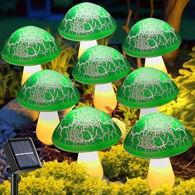 Solar Mushroom Lights Garden Decor 8 Green Crack Mushrooms Outdoor Decor Stake Lights Waterproof Solar Pathway Light Gardening Gifts for St Patrick's Day Easter Gnomes Yard Halloween Xmas Decorations Viewpick
