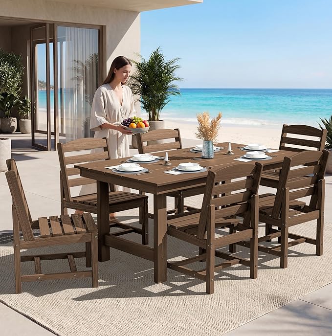 SERWALL Patio Dining Sets for 6 Person, HDPE Dining Set with 6 Armless Chairs, Brown SERWALL