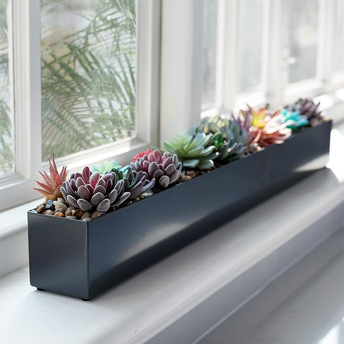 DR&Co Modern Grey Rectangle Planter Box, 16" Metal Planter Perfect for Succulent, Narrow Box for Table or Window Sill, Rectangular Stainless Steel Long DRCo