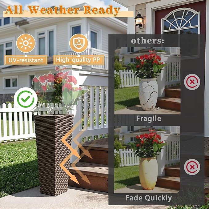 Greesum 24 Inch Tall Plastic Planters with Rattan Texture – Set of 2, Detachable Inner Pot & Drainage Holes, Indoor/Outdoor Decorative Flower Pots for Large Plants, Trees, Patio, and Garden, Brown BuynowfromGreesum