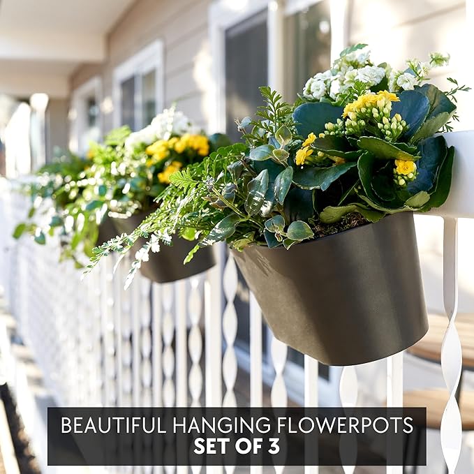 KIBAGA Beautiful Hanging Flower Pots for Outside Railing Or Fence - Stylish Set of 3 Outdoor Planters for Any Balcony, Porch or Deck - Window Planter Boxes are Perfect for Your Flowers KIBAGA