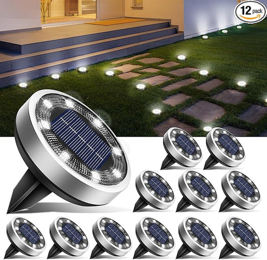 btfarm 12 Pack Solar Lights Outdoor, 8 LED Solar Ground Lights IP65 Waterproof Flat Solar Disc Light, Pathway Lights for Garden Lawn Patio Yard Path Landscape, Cool White btfarmdecorativelighting