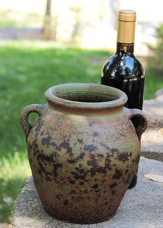 Egyptian Era Designed Earthen Ware Terra-Cotta Vessel/Planter with Looped Handles (Fat Belly Winter Green) Goodman+and+Wife
