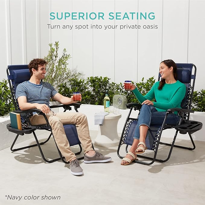 Best Choice Products Set of 2 Adjustable Steel Mesh Zero Gravity Lounge Chair Recliners w/Pillows and Cup Holder Trays - Brown BestChoiceProducts