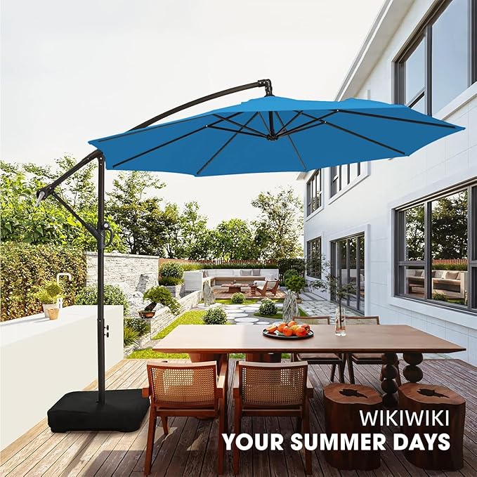 wikiwiki 10ft Patio Umbrella with Base Included, Outdoor Offset Cantilever Umbrella with Sandbag Base for Backyard, Garden and Pool, Easy to Tilt and Crank, Royal Blue WikiwikiPatioUmbrellas