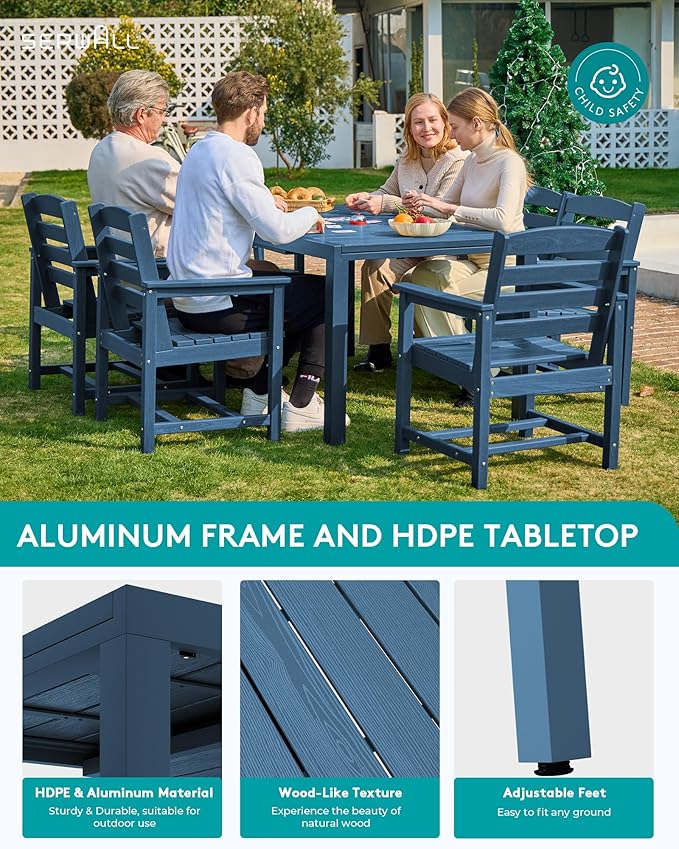 SERWALL 7-Piece Patio Dining Sets, 60" - 83" Expandable Outdoor Dining Table and 6 HDPE Chairs, All Weather HDPE Outdoor Furniture Set for Backyard, Garden, Blue SERWALL