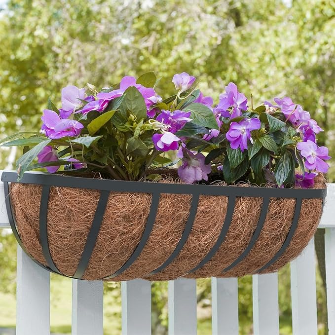 ZeeDix 24 Inch Railing Planter Box, 2 Pack Metal Window Boxes with Coco Liners for Railing, Hanging Flower Boxes for Deck Porch Balcony & Fence Outdoor Indoor Lawn ZeeDix