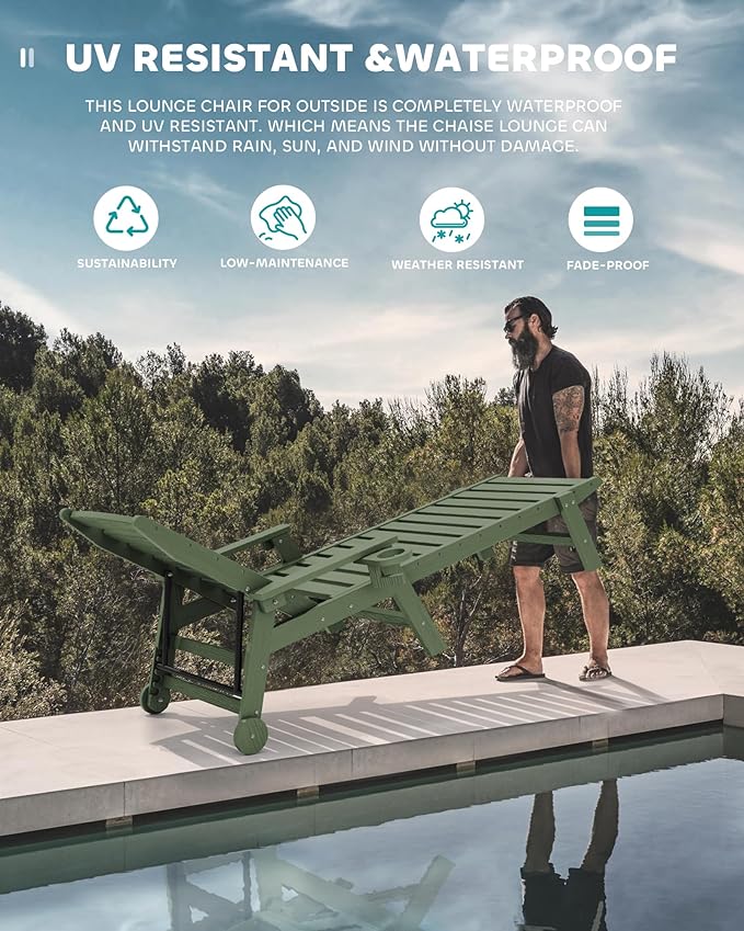 SERWALL Patio Chaise Lounge Chair Set of 2, 78'' Long 5-Positions Adjustable HDPE Outdoor Lounger for Pool, Poly Lounge Chair with Rolling Wheels & Cup Holder for Poolside, Deck, Avocado Green SERWALL
