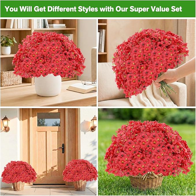 22 Pack Artificial Flowers Outdoor Fake Plants, Faux Flowers UV Resistant with Plastic Plants, Faux Silk Flowers for Outdoors Outside Front Porch Hanging Planter Window Box Garden Decoration(Red) Powbrace