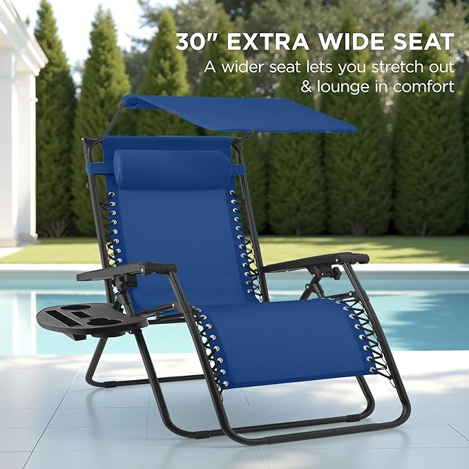 Best Choice Products 30” Wide Folding Zero Gravity Outdoor Recliner Patio Lounge Chair w/Adjustable Canopy Shade, Headrest, Side Accessory Tray - Marine BestChoiceProducts