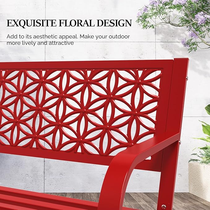 VINGLI 50" Outdoor Bench Metal with Floral Back, Garden Bench Front Porch Bench for Yard Patio Entryway Park Outside, 800lb Capacity - Red VINGLI