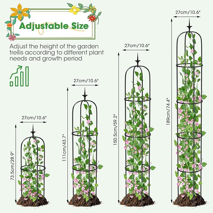 Tower Obelisk Garden Trellis for Climbing Plant，6.2FT/74.4" Rustproof Metal Potted Plant Climbing Support for Indoor Outdoor Flowers Vegetable Fruits Vines Support (2Pcs) MQUPIN