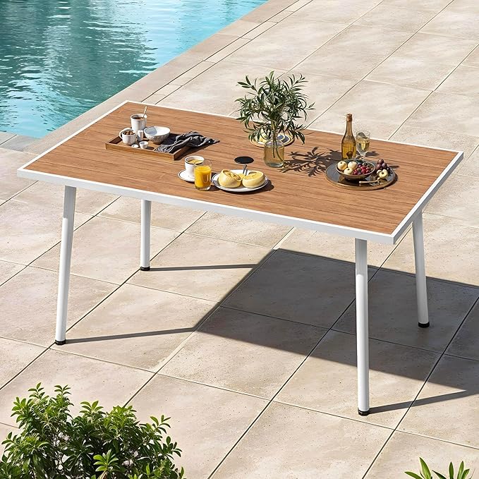 DWVO Patio Table Rectangle 59"x34.2", Patio Dining Table for 6 Weather-Resistant Outdoor Table with Umbrella Hole, Steel Frame, Adjustable Feet for Outdoor/Indoor DWVO