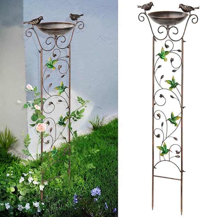 SUNNYPARK Antique Garden Iron Trellis with Decorative Hummingbirds Detachable Bird Bath Bowl Metal Potted Plant Support for Climbing Flowers SUNNYPARK