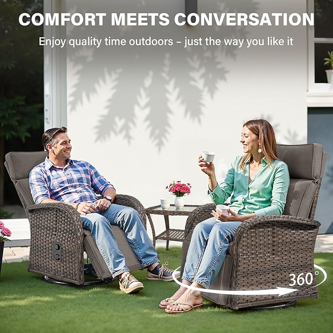 Swivel Outdoor Recliner Chair Set of 2 - Reclining Patio Chair with Adjustable Backrest and Footrest, All-Weather Wicker Chaise Lounge Chair Outdoor for Pool Deck (Upgraded 2.0) Belord