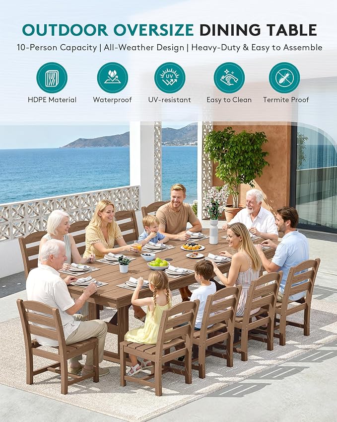 SERWALL 11 Piece Outdoor Dining Set, 84" HDPE Outdoor Large Dining Table and Chairs Set for 10，All Weather Patio Dining Furniture Set with Umbrella Hole for Backyard, Garden, Brown SERWALL