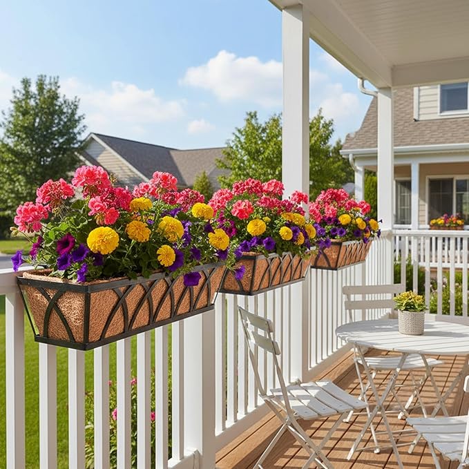 Window Deck Railing Planters Boxes with Coconut Liner, The Bottom Flat Window Boxes Planters Flower Boxes Metal Black Balcony Planter Railing Hanging for Outdoor Fence Porch Patio Lawn(4Pcs 30 Inch) EIMQUVW