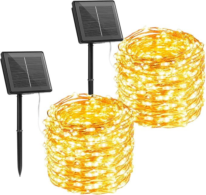 Brightown Solar String Lights, 2 Packs Total 66Ft 200 LED Solar Fairy Lights with 8 Modes, Waterproof Solar Lights for Outside Patio Yard Tree Wedding Christmas(Warm White) Brightown