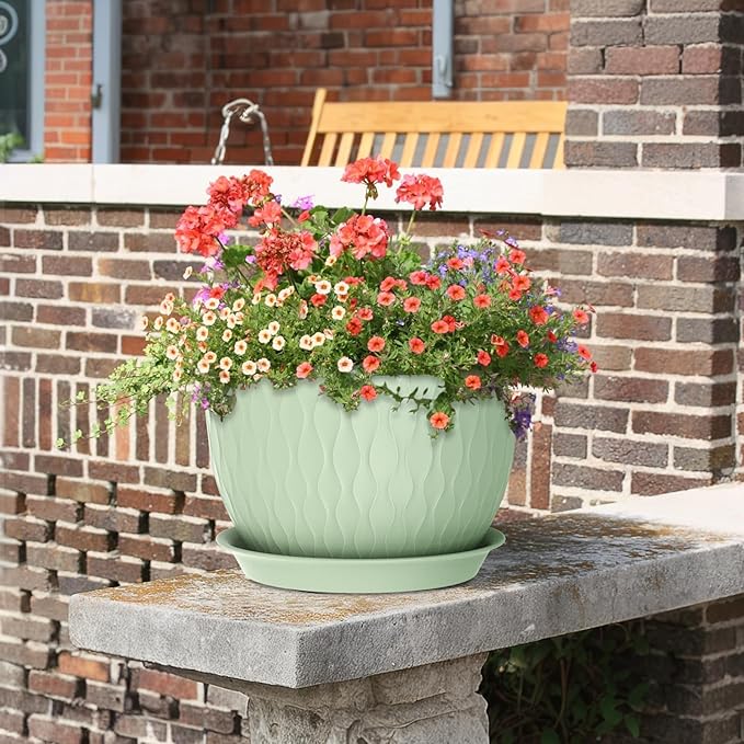 Large Flower Pots 12/10/9 inch, 3 Set Wide Plant Pots for Outdoor Indoor Plants with Water Ripples, Big Plastic Planters with Drainage Holes and Saucers for Garden House Plants, Green Meowell