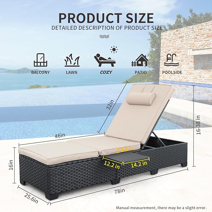 WAROOM Outdoor Chaise Lounge Chairs for Outside Patio Furniture Set of 2 Wicker Recliner Black Rattan Sunbathing Lounger Adjustable Backrest Pool Reclining Chair, Khaki Cushion WAROOM