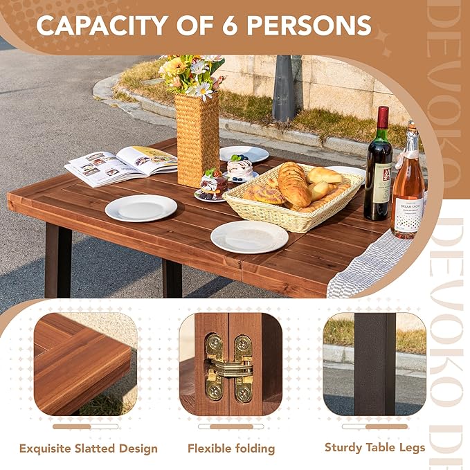 Devoko Home Acacia Wood Dining Table 6-Person Indoor Outdoor Table with Iron Legs, Sandblast Finish, Natural Stained, Rustic Metal, 69 * 33 * 30 inch (Walnut Brown) DEVOKO