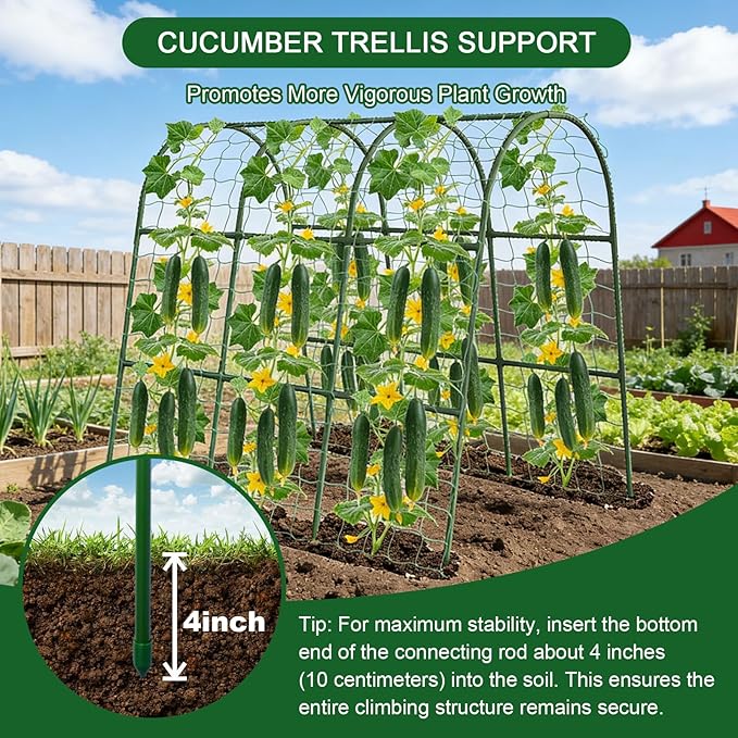 U-Shape Cucumber Trellis for Raised Bed - 47"x47"x22" Metal Garden Trellis with Net & Clips | Rust-Proof Plant Support for Cucumber, Tomato, Peas | Heavy-Duty Outdoor Climbing Plants Trellis Eunice