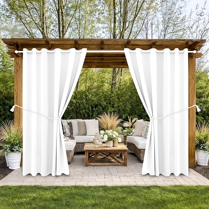 Water Proof Outside Curtains with Grommet Top for Porch, W84 x L95 Thermal Insulated Washable Light Block Outdoor Divider Drapes for Patio Gazebo Deck Pool Area Pergola Cabana (2 Panels) DivaenCamino