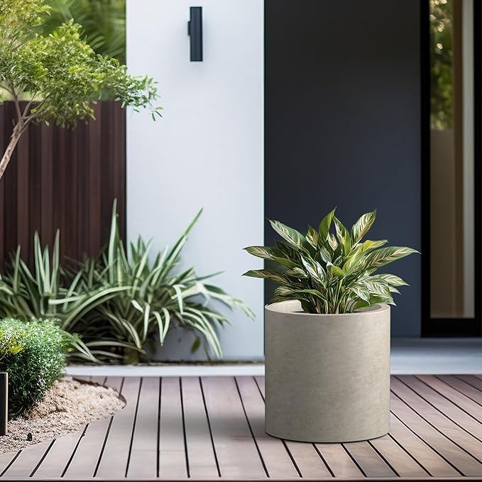 Kante 15.7" Dia Round Concrete Planter, Modern Style Large Cylindrical Plant Pot with Drainage Hole and Rubber Plug for Indoor Outdoor Patio, Weathered Concrete Kante