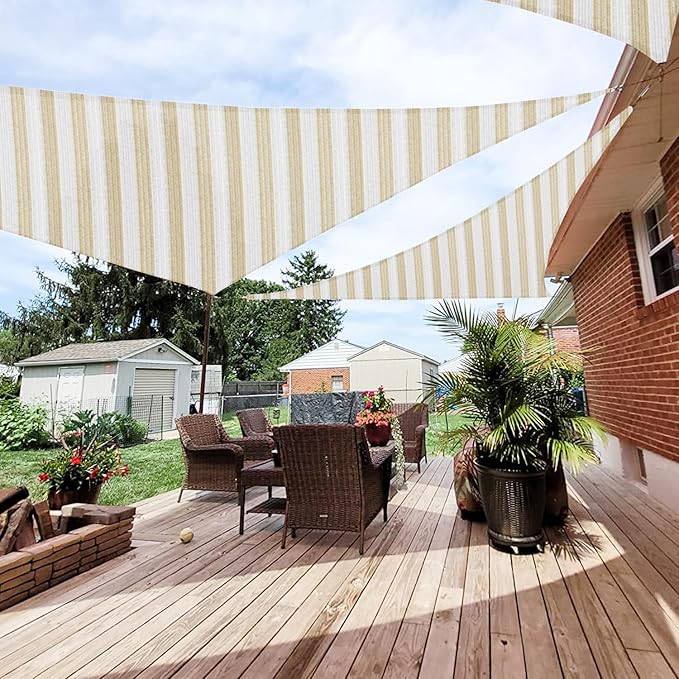Patio Paradise 22' x 22' x 22' Sun Shade Sail Triangle Canopy Shade Cloth Fabric Sunlight Block Patio Pergola Cover HDPE Deck Awning for Outdoor Backyard Roof Shading, Beige White Strip Patio