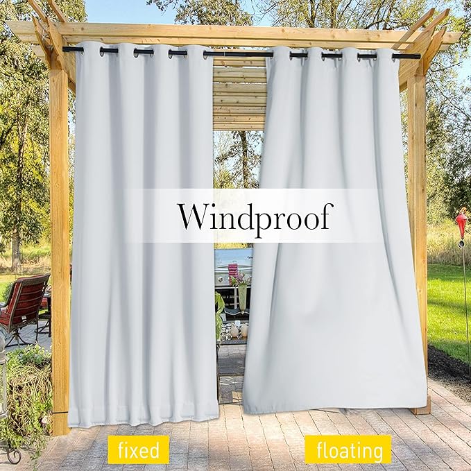 NICETOWN 2 Panels Outdoor Curtains for Patio Waterproof Extra Long 120", Windproof Thermal Insulated Top & Bottom Grommet & Back Tab Blackout Porch Drapes with Rope for Fixed, Greyish White, 52" Wide NICETOWN