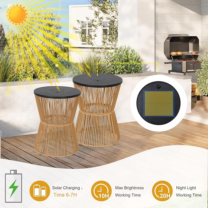 HMVPL Solar Outdoor Side Table with Dimmable Light, Patio Side Tables for Outside, Round Outdoor End Tables Set of 2, Plastic Rattan Patio End Accent Table for Poolside Backyard Gazebo, Dusk to Dawn HMVPL