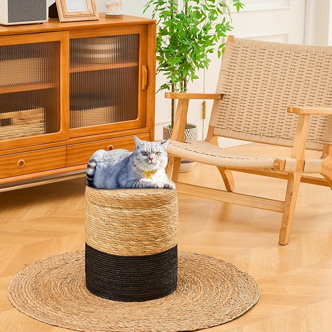 Wimarsbon Round Pouf Ottomans, Handwoven Natural Water Hyacinth Seagrass Pouffe,Outdoor Rattan Stool Accent Seat, Bohemian Coastal Home Decor (Storage -14inch Natural Cattail & Black Corn Shell) Wimarsbon