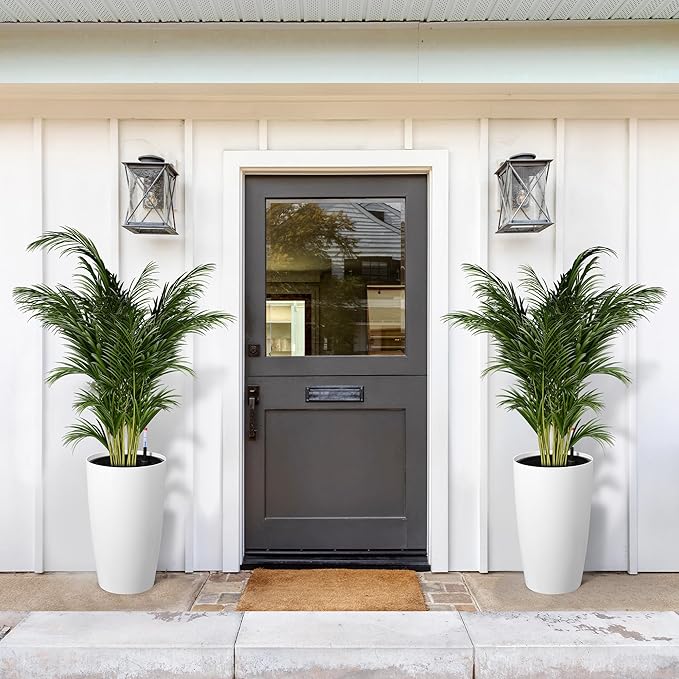 GarveeLife Set of 2 Tall Planters for Outdoor Plants, 22 in Large Planters for Outdoor Indoor Plants with Water Level Monitor ＆ Inner Bucket, Automatic Watering, for Porch, Patio, Backyard, White GarveeLife