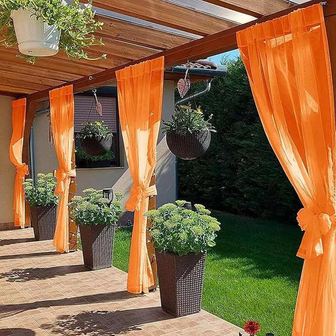 SpaceDresser Waterproof Outdoor Sheer Curtains for Patio - 2 Panels Rod Pocket Indoor Voile Sheer Curtain for Living Room,100W x 120L inch, Orange SpaceDresser
