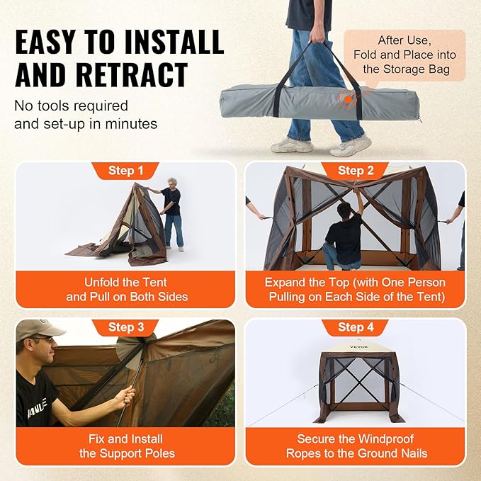 VEVOR Pop Up Gazebo Tent, Pop-Up Screen Tent 4 Sided Canopy Sun Shelter with 4 Removable Privacy Wind Cloths & Mesh Windows, 6x6FT Quick Set Screen Tent with Mosquito Netting, Brown VEVOR