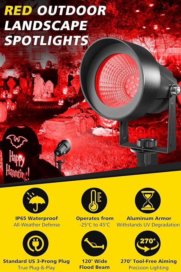 T-SUN Red Spotlight Outdoor, Waterproof LED Landscape Lighting with US Plug, Easy Install 270° Adjustable Outdoor Spot Lights for Garden Tree Yard Decor T-SUN