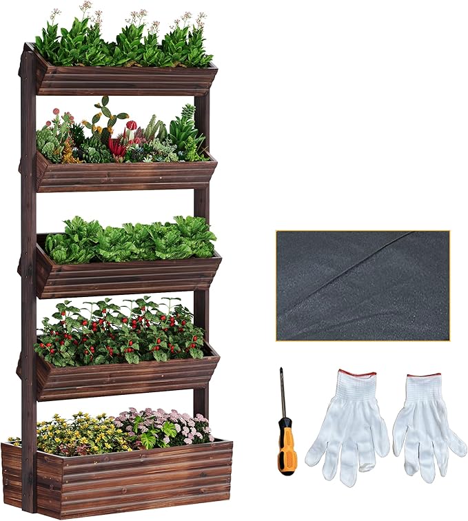 Vertical Wooden Raised Garden Bed Planters Wood Planter Kit Plant Stand Flower Rack Planter Box Gardening Plants Herbs Flowers Vegetables Outdoor Indoor Freestanding (Carbonized 5-Tier) RHINEINMIST