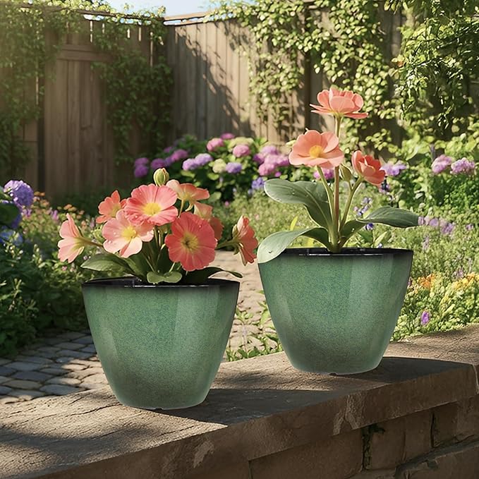 2 Pack Plant Pots for Indoor Outdoor Plants, 8 inch Plastic Flower Pots, Glazed Planter for Aloe, Herbs, Cactus (Green, 2pcs) Vanslogreen