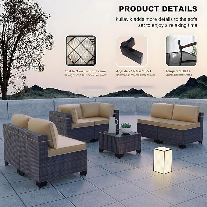 Kullavik 7 Pieces Outdoor Patio Furniture Set PE Wicker Rattan Sectional Sofa Patio Conversation Sets,Sand KULLAVIK