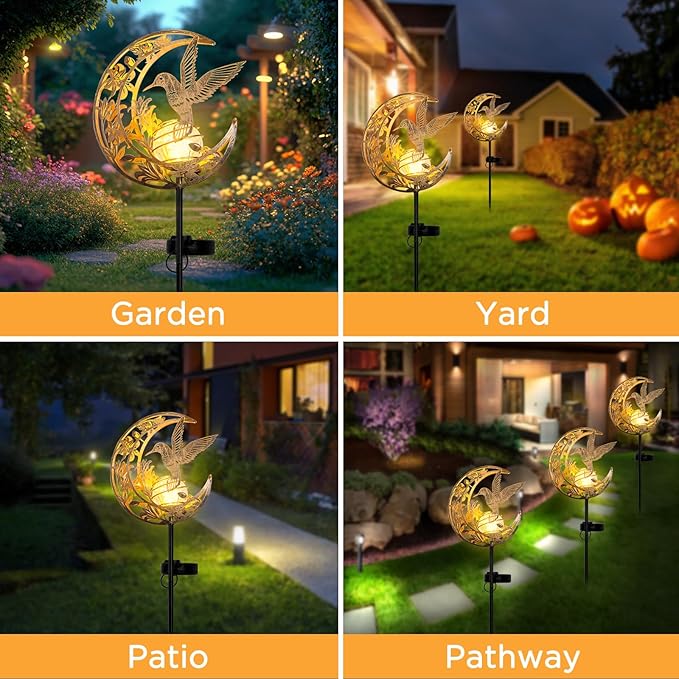 Solar Hummingbird Lights Outdoor Decor - Moon & Bird SolaGardenLights Waterproof, Auto On/Off Pathway Lighting for Yard/Lawn/Patio, Handcrafted Metal Solar-Stake-Lights for Outside Decorations ShangTianFeng