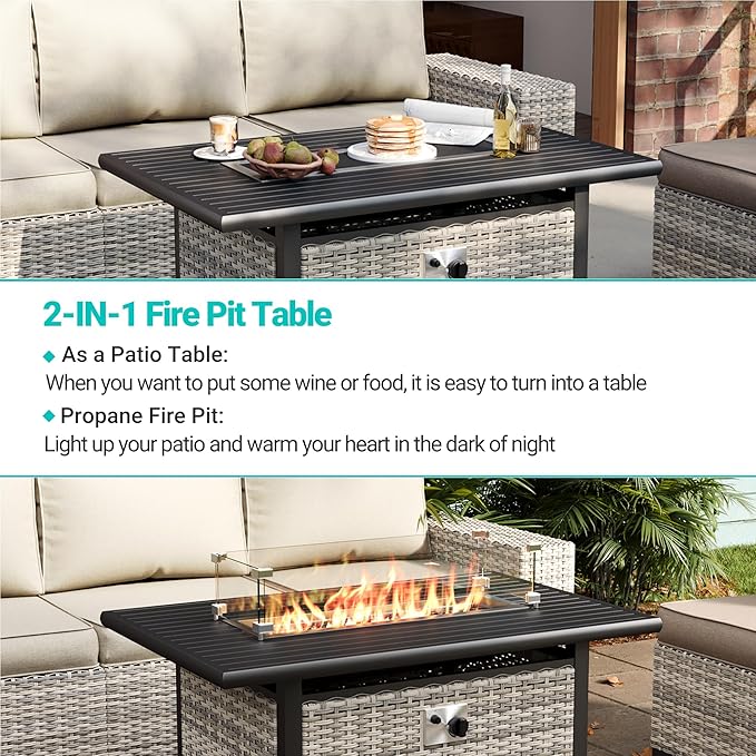 10-Piece Outdoor Patio Furniture Set with Rocking Swivel Chair, PE Wicker Rattan Sectional Sofa Patio Conversation Set with 55,000 BTU Fire Pit Table & Coffee Table, White MuphyersPatioFurniture